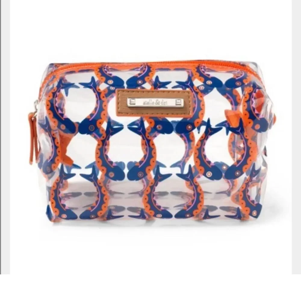 NEW Stella & Dot Kissing Fish Clear Vibrant Blue and Orange Cosmetic Bag